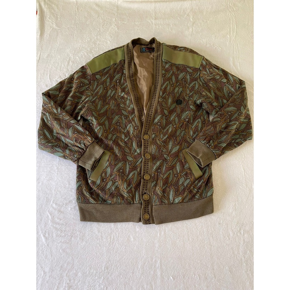 Boudemge Accessories Mens XL Vintage Jacquard Knit Leaf Cardigan Green Brown